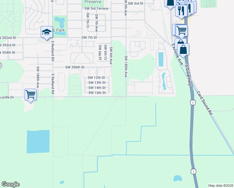 map of restaurants, bars, coffee shops, grocery stores, and more near 18075 Southwest 360th Street in Florida City