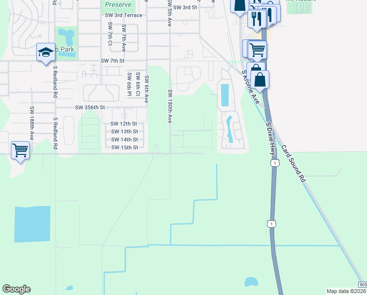 map of restaurants, bars, coffee shops, grocery stores, and more near SW 180th Ave in Homestead