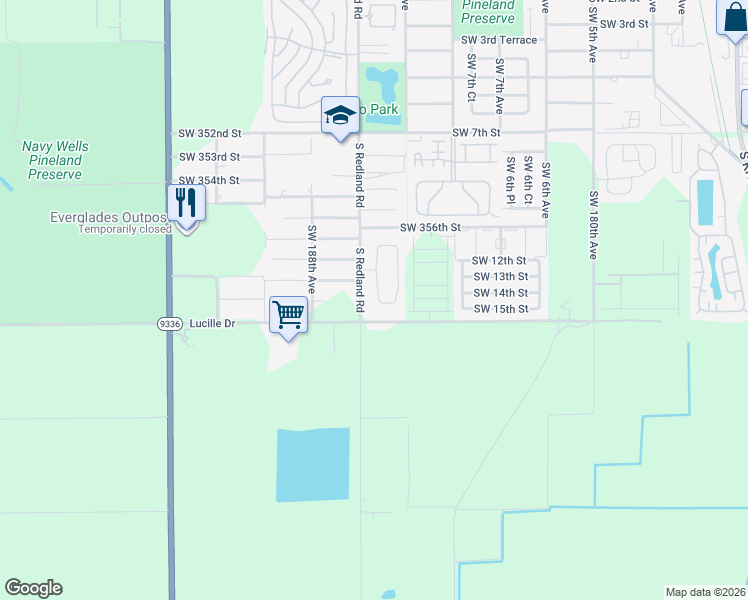 map of restaurants, bars, coffee shops, grocery stores, and more near 35891 Southwest 187th Avenue in Florida City