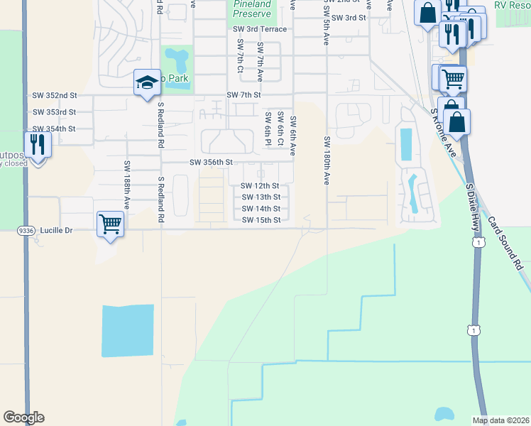 map of restaurants, bars, coffee shops, grocery stores, and more near 685 Southwest 14th Street in Florida City