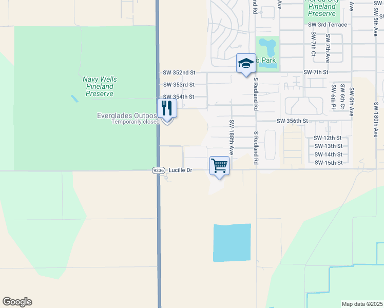 map of restaurants, bars, coffee shops, grocery stores, and more near 18960 Southwest 359th Street in Homestead