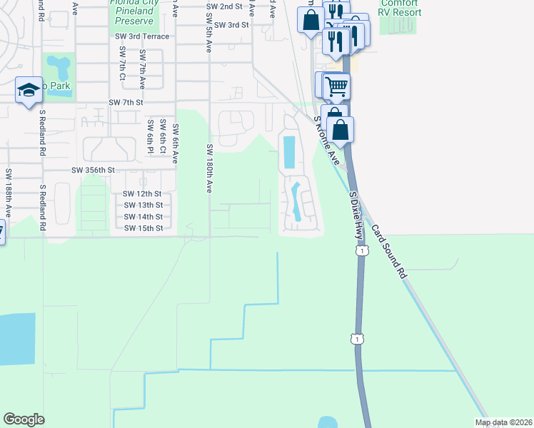 map of restaurants, bars, coffee shops, grocery stores, and more near SW 360th St in Homestead