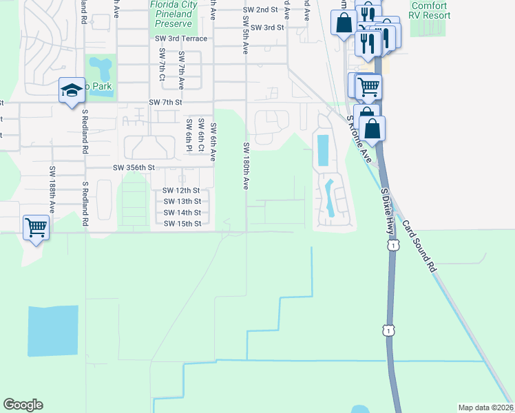 map of restaurants, bars, coffee shops, grocery stores, and more near SW 180th Ave in Homestead