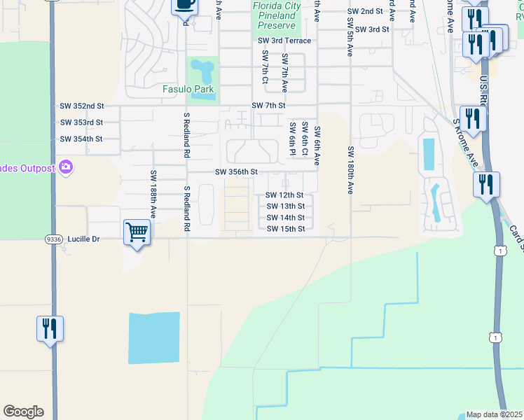 map of restaurants, bars, coffee shops, grocery stores, and more near 785 Southwest 14th Street in Florida City