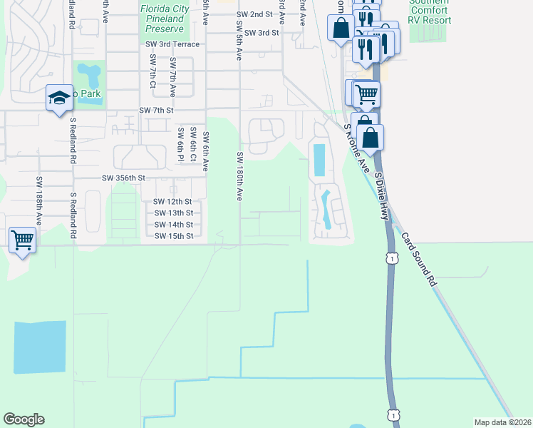 map of restaurants, bars, coffee shops, grocery stores, and more near Southwest 358th Street in Homestead