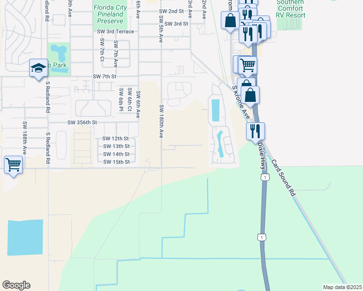 map of restaurants, bars, coffee shops, grocery stores, and more near Southwest 358th Street in Homestead