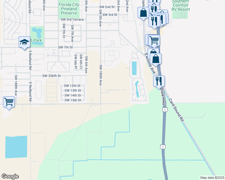 map of restaurants, bars, coffee shops, grocery stores, and more near Southwest 358th Street in Homestead