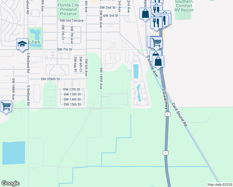 map of restaurants, bars, coffee shops, grocery stores, and more near Southwest 358th Street in Homestead
