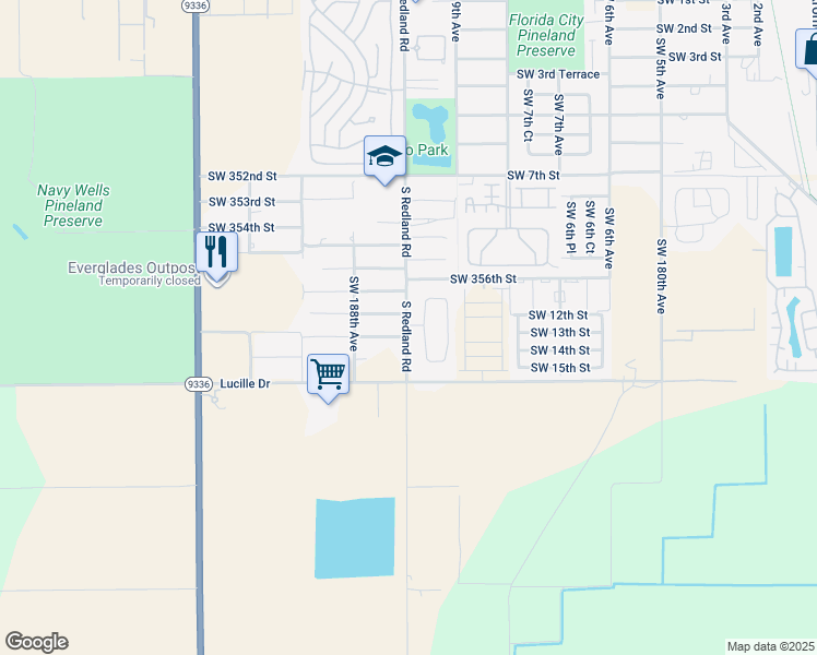 map of restaurants, bars, coffee shops, grocery stores, and more near 35761 Southwest 187th Avenue in Florida City