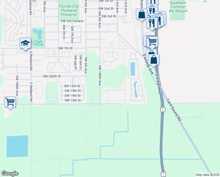 map of restaurants, bars, coffee shops, grocery stores, and more near Southwest 358th Street in Homestead