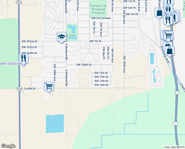 map of restaurants, bars, coffee shops, grocery stores, and more near 755 Southwest 12th Street in Florida City