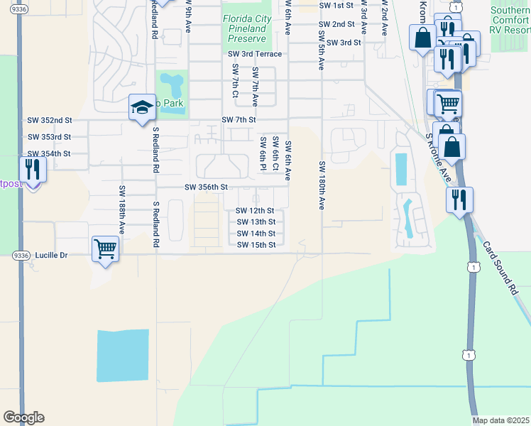 map of restaurants, bars, coffee shops, grocery stores, and more near 665 Southwest 12th Street in Florida City