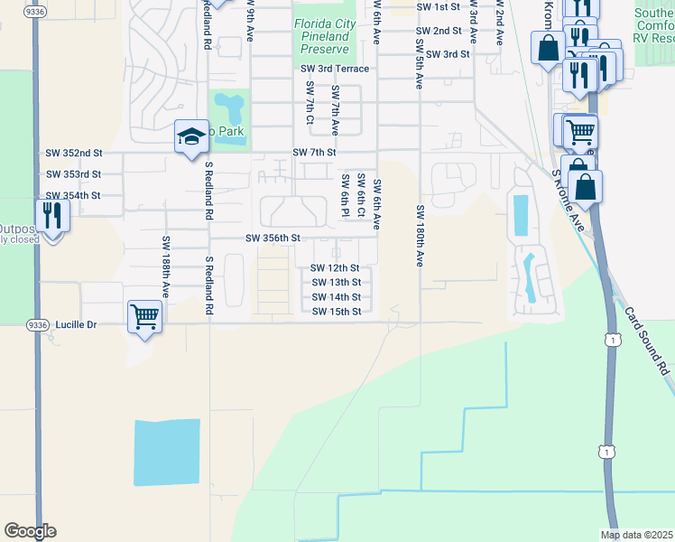 map of restaurants, bars, coffee shops, grocery stores, and more near 665 Southwest 12th Street in Florida City