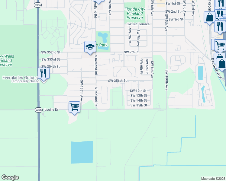 map of restaurants, bars, coffee shops, grocery stores, and more near 35765 Southwest 185th Court in Florida City