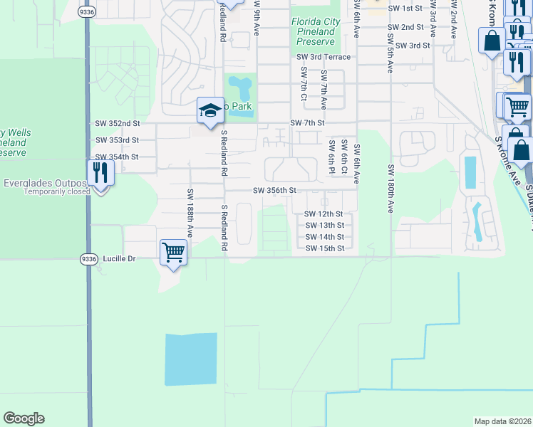 map of restaurants, bars, coffee shops, grocery stores, and more near 35765 Southwest 185th Court in Florida City