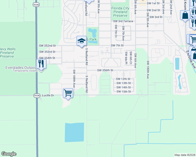 map of restaurants, bars, coffee shops, grocery stores, and more near 35765 Southwest 185th Court in Florida City
