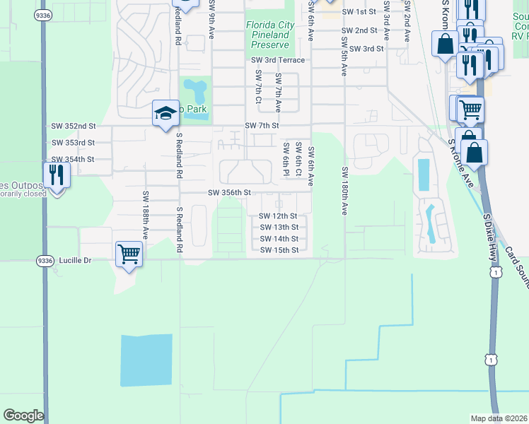 map of restaurants, bars, coffee shops, grocery stores, and more near 755 Southwest 12th Street in Florida City
