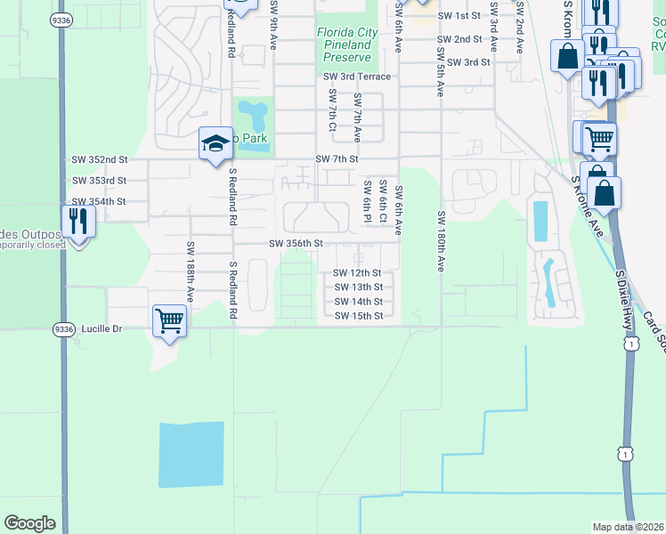 map of restaurants, bars, coffee shops, grocery stores, and more near 755 Southwest 12th Street in Florida City