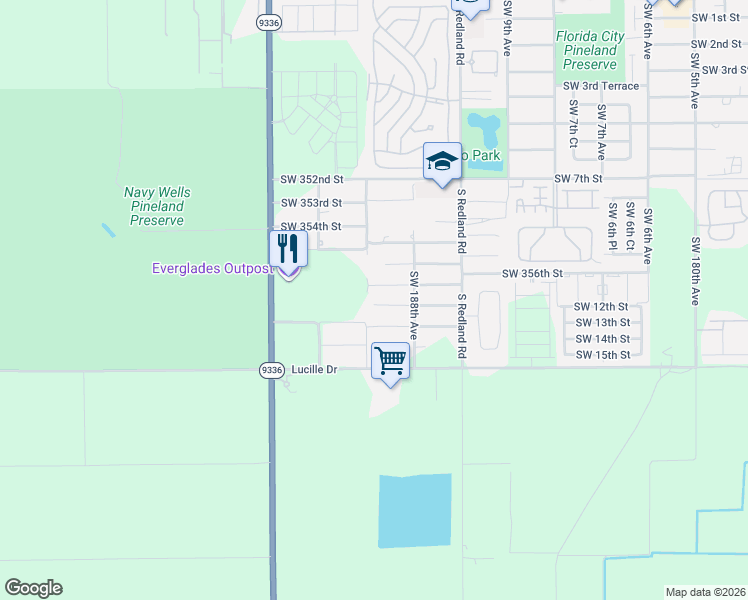 map of restaurants, bars, coffee shops, grocery stores, and more near 18885 Southwest 357th Street in Florida City