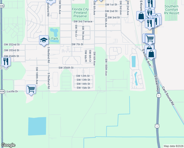 map of restaurants, bars, coffee shops, grocery stores, and more near 1201 Southwest 6th Court in Florida City