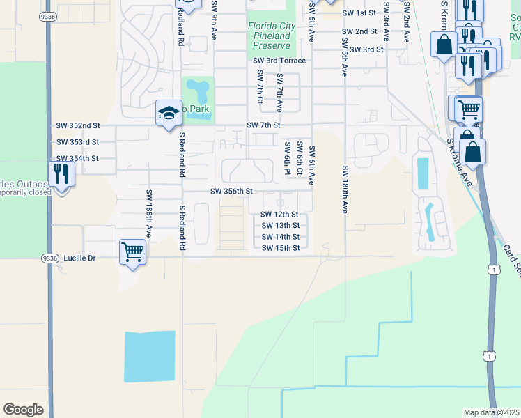 map of restaurants, bars, coffee shops, grocery stores, and more near 755 Southwest 12th Street in Florida City