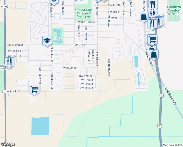 map of restaurants, bars, coffee shops, grocery stores, and more near 665 Southwest 12th Street in Florida City