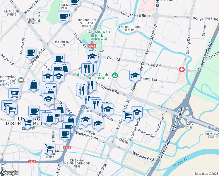 map of restaurants, bars, coffee shops, grocery stores, and more near Dong Yuan Dong Lu in Pu Tian Shi