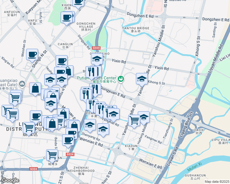 map of restaurants, bars, coffee shops, grocery stores, and more near Dong Yuan Dong Lu in Pu Tian Shi