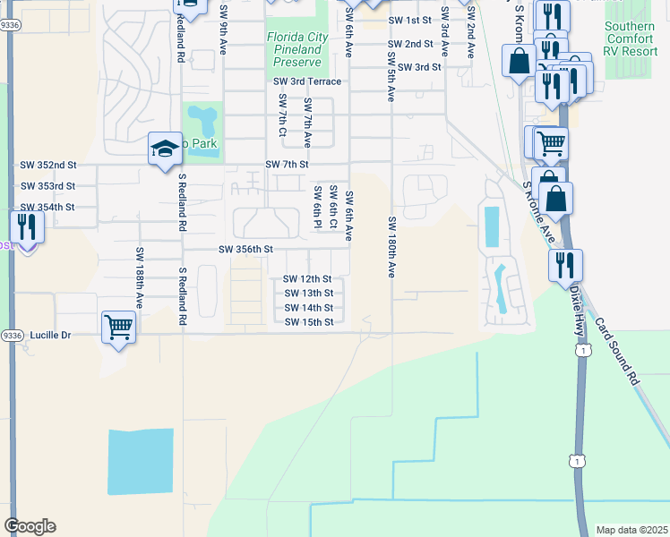 map of restaurants, bars, coffee shops, grocery stores, and more near 1201 Southwest 6th Court in Florida City
