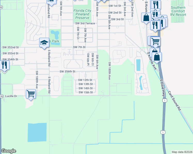 map of restaurants, bars, coffee shops, grocery stores, and more near 1201 Southwest 6th Court in Florida City