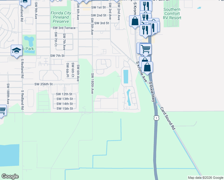 map of restaurants, bars, coffee shops, grocery stores, and more near Southwest 358th Street in Homestead