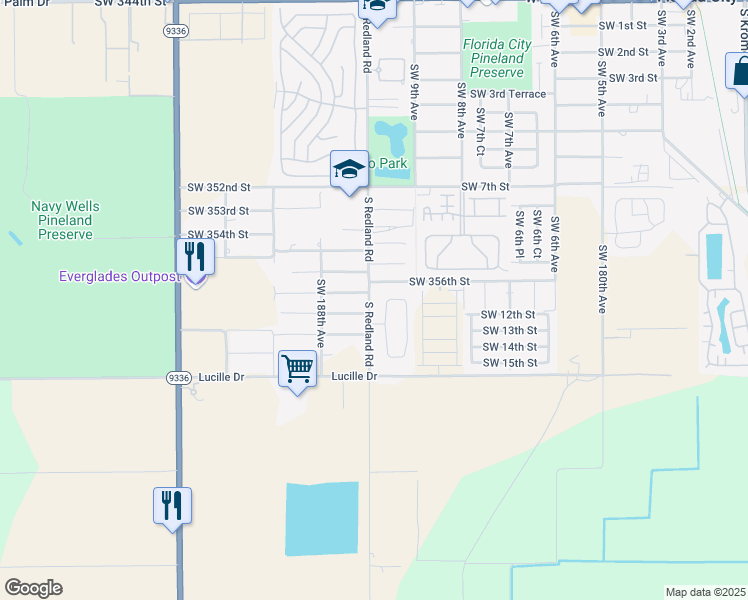 map of restaurants, bars, coffee shops, grocery stores, and more near 35701 Southwest 187th Avenue in Homestead