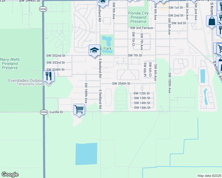 map of restaurants, bars, coffee shops, grocery stores, and more near 35765 Southwest 185th Court in Florida City