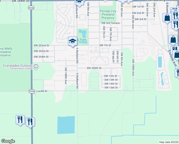 map of restaurants, bars, coffee shops, grocery stores, and more near 35765 Southwest 185th Court in Florida City