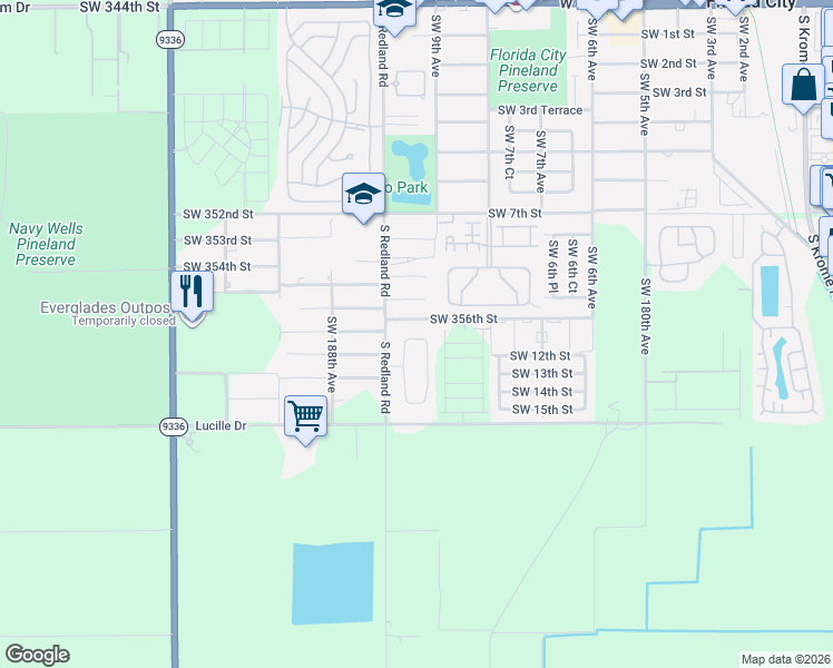 map of restaurants, bars, coffee shops, grocery stores, and more near 18515 Southwest 356th Street in Florida City