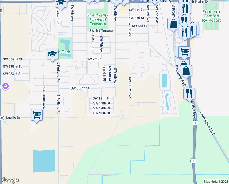 map of restaurants, bars, coffee shops, grocery stores, and more near 604 Southwest 11th Street in Homestead