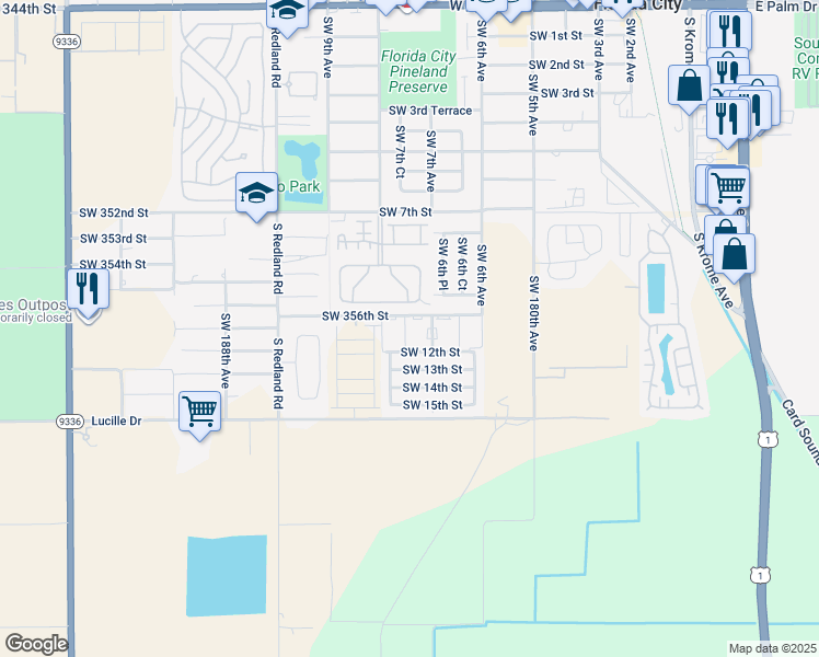 map of restaurants, bars, coffee shops, grocery stores, and more near 755 Southwest 10th Street in Florida City