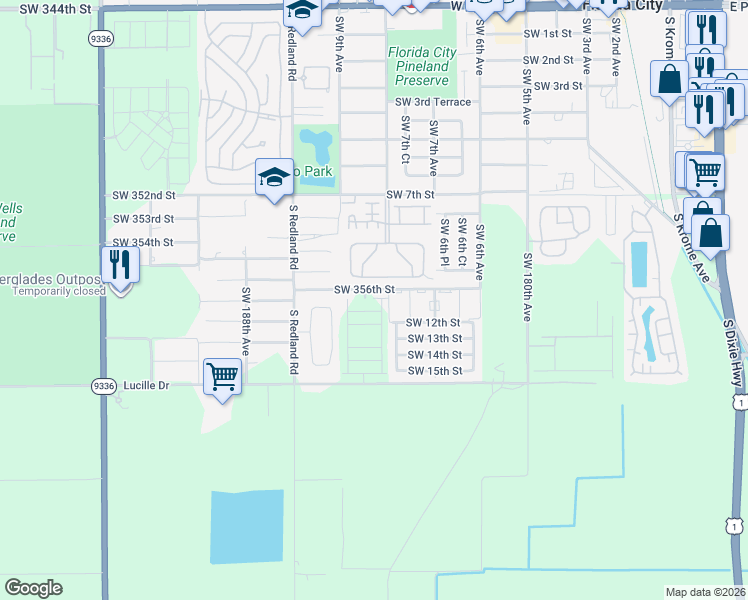 map of restaurants, bars, coffee shops, grocery stores, and more near 849 Northwest 10th Street in Florida City