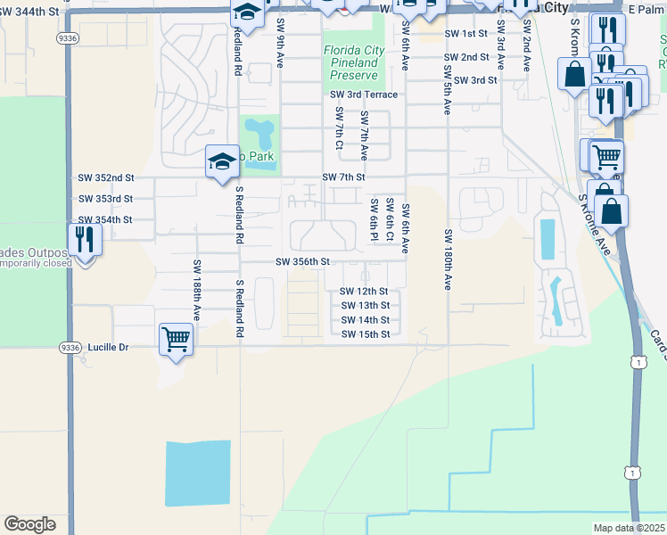 map of restaurants, bars, coffee shops, grocery stores, and more near 755 Southwest 10th Street in Florida City