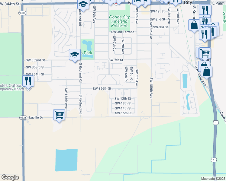 map of restaurants, bars, coffee shops, grocery stores, and more near 755 Southwest 10th Street in Florida City