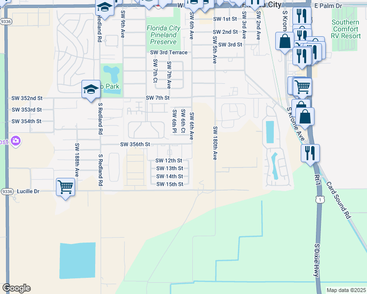 map of restaurants, bars, coffee shops, grocery stores, and more near 604 Southwest 11th Street in Homestead