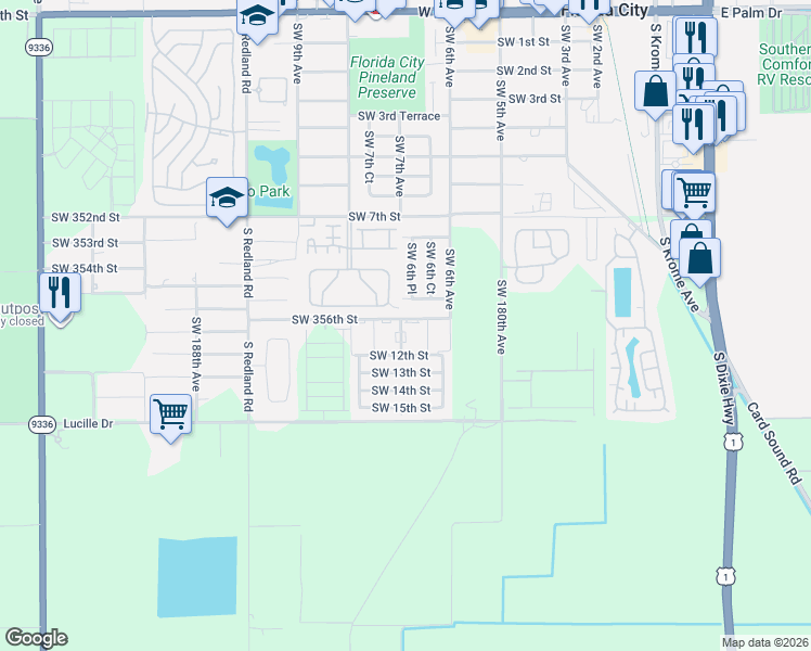 map of restaurants, bars, coffee shops, grocery stores, and more near 680 Southwest 11th Street in Homestead