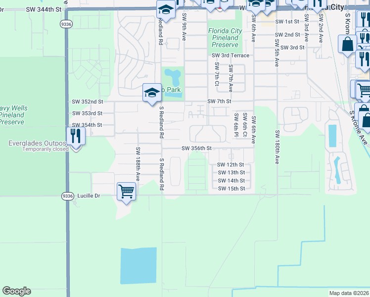 map of restaurants, bars, coffee shops, grocery stores, and more near 18515 Southwest 356th Street in Florida City