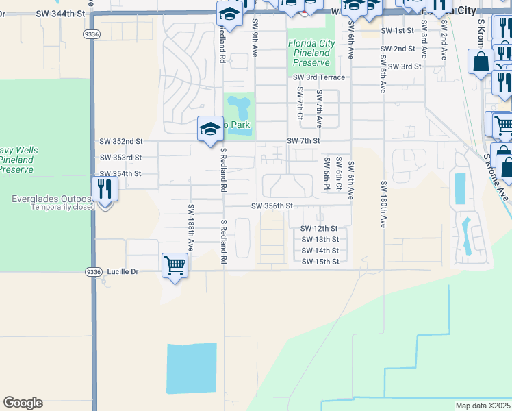 map of restaurants, bars, coffee shops, grocery stores, and more near 18515 Southwest 356th Street in Florida City