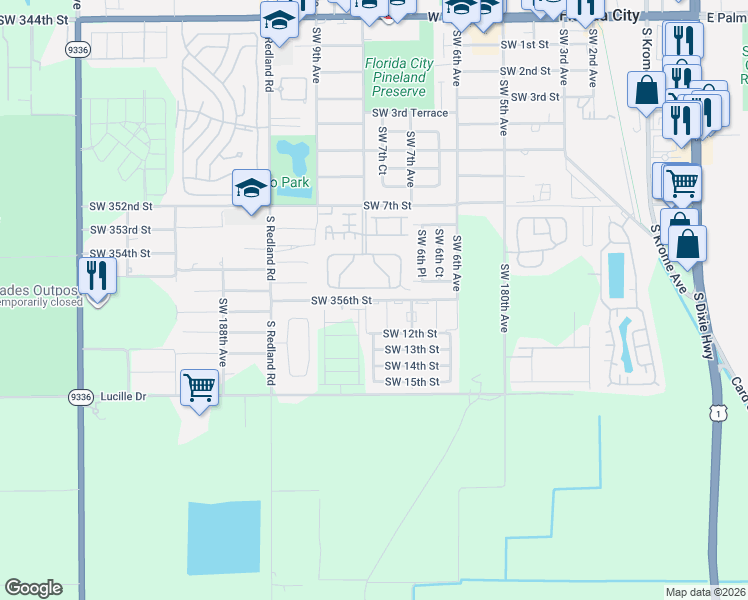 map of restaurants, bars, coffee shops, grocery stores, and more near 755 Southwest 10th Street in Florida City