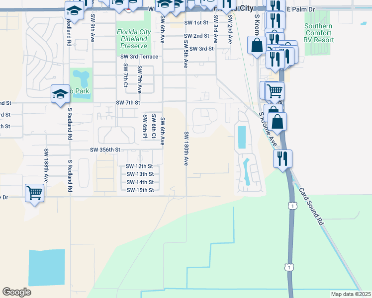 map of restaurants, bars, coffee shops, grocery stores, and more near Southwest 180th Avenue in Homestead