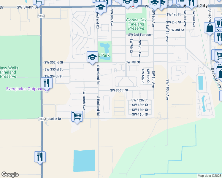 map of restaurants, bars, coffee shops, grocery stores, and more near 18515 Southwest 356th Street in Florida City