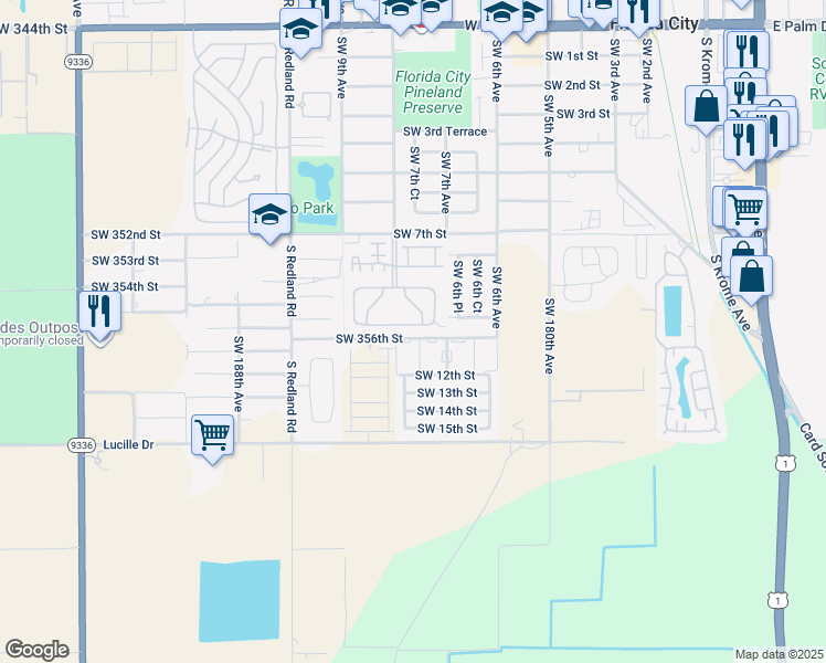map of restaurants, bars, coffee shops, grocery stores, and more near 755 Southwest 10th Street in Florida City