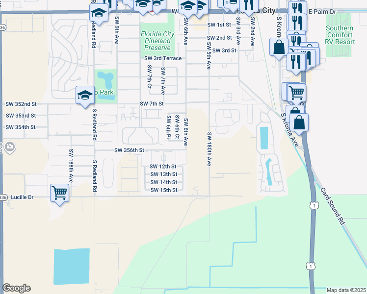 map of restaurants, bars, coffee shops, grocery stores, and more near 604 Southwest 11th Street in Homestead