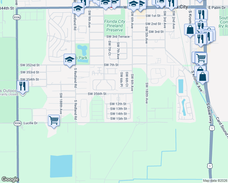 map of restaurants, bars, coffee shops, grocery stores, and more near 755 Southwest 10th Street in Florida City